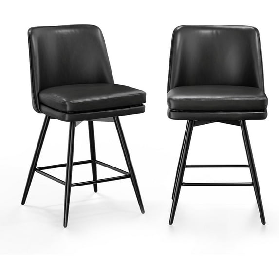 VINGLI 26" H Swivel Barstools Set of 2, PU Faux Leather Upholstered Counter Height Bar Stool with Back, Kitchen High Chairs with Cushion Square Seat, Metal Legs, White