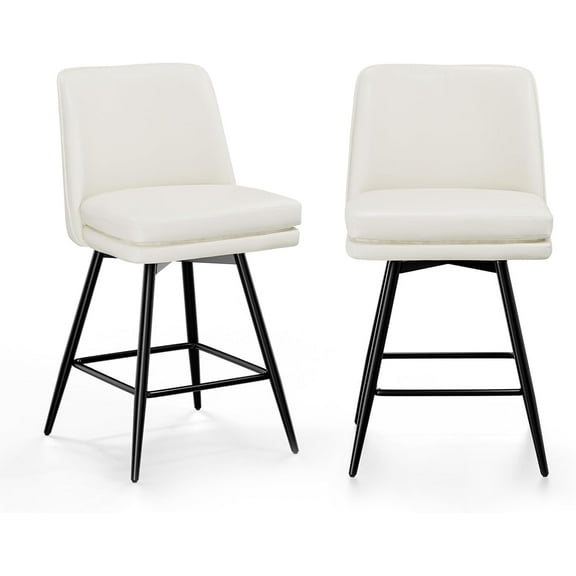 VINGLI 26" H Swivel Barstools Set of 2, PU Faux Leather Upholstered Counter Height Bar Stool with Back, Kitchen High Chairs with Cushion Square Seat, Metal Legs, White