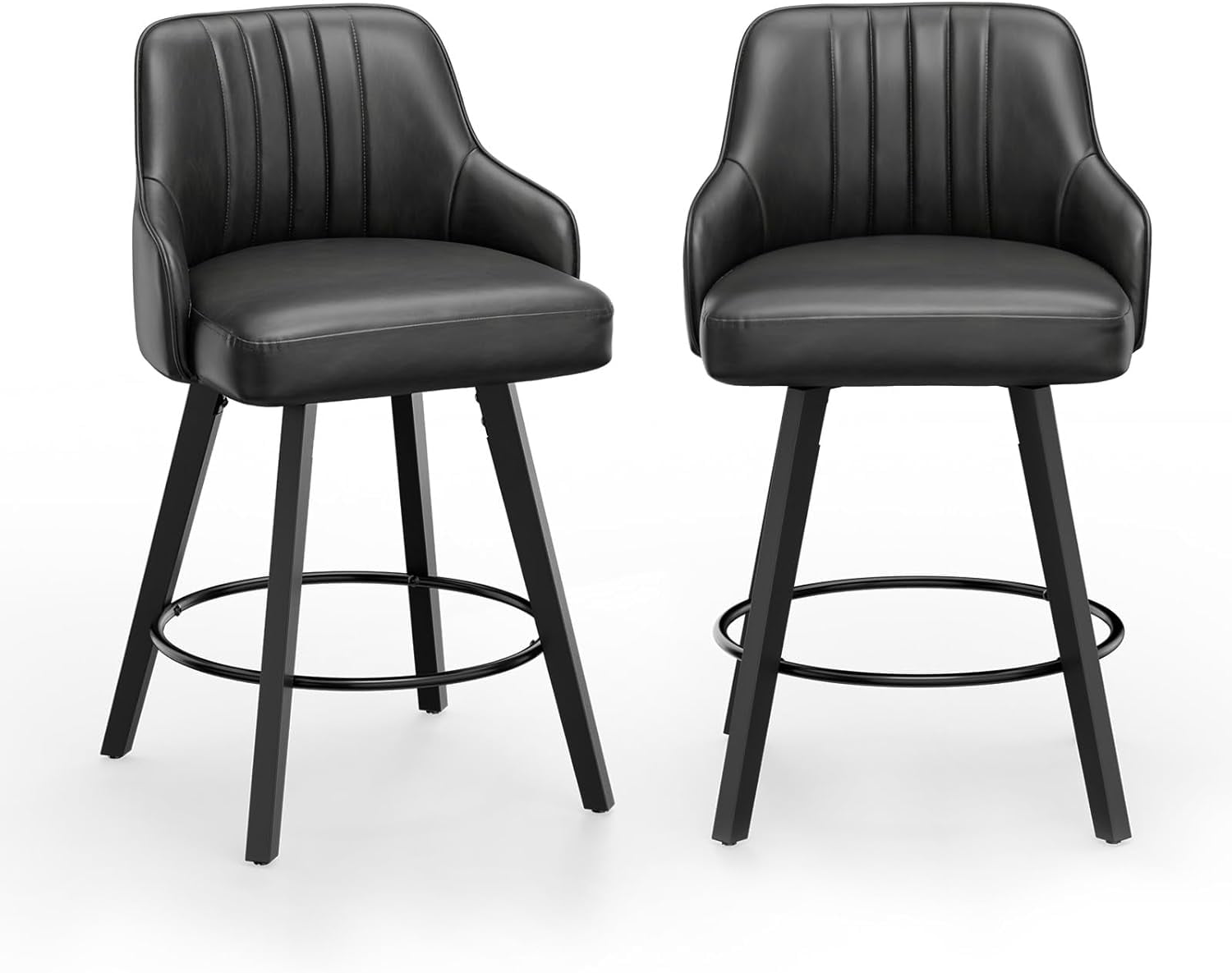 VINGLI 26" H Swivel Barstools Set of 2, PU Leather Upholstered Counter Stool with Back, Kitchen High Chairs Counter Height Bar stools with Cushion, Solid Wood Legs, Black