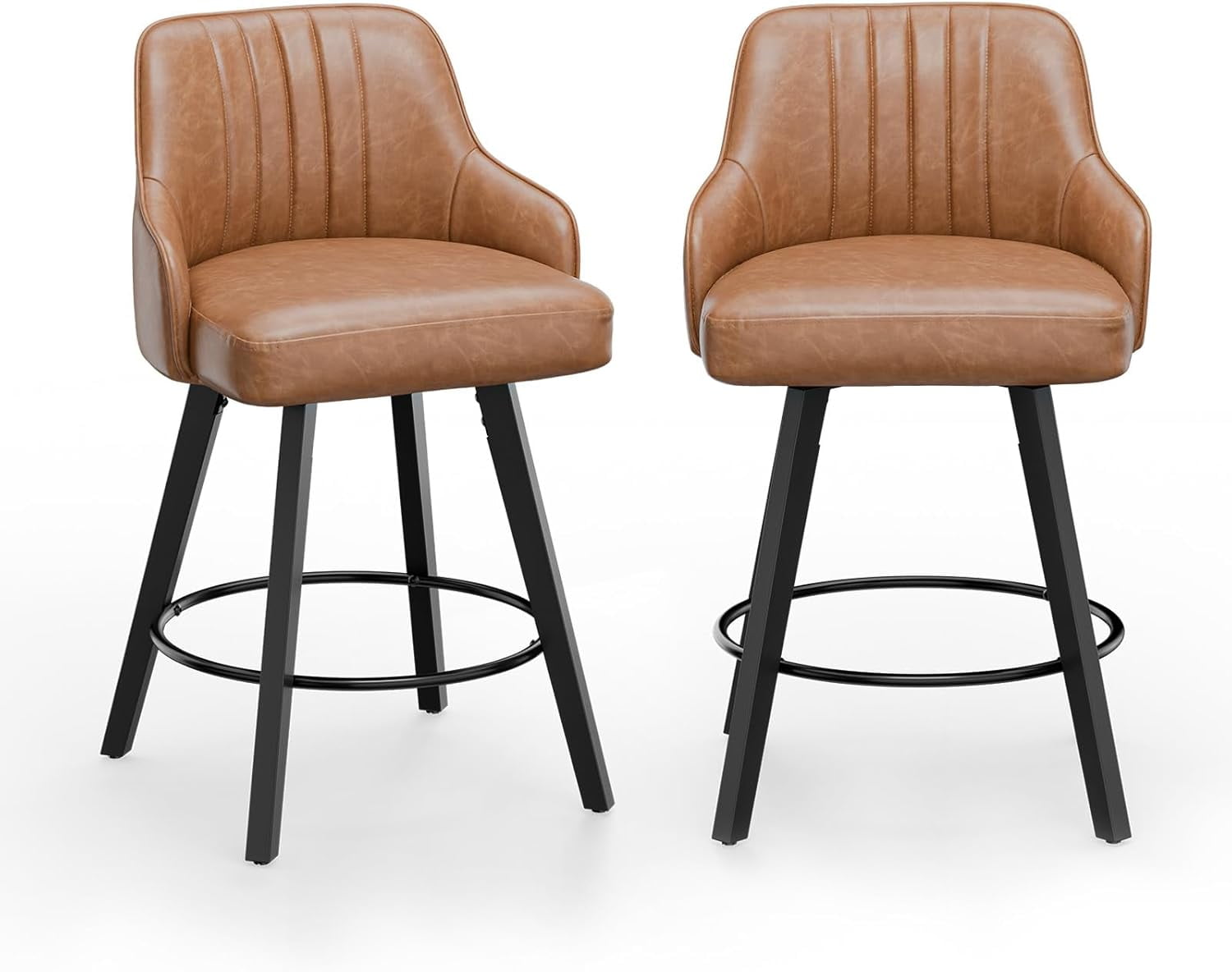VINGLI 26" H Swivel Barstools Set of 2, PU Leather Upholstered Counter Stool with Back, Kitchen High Chairs Counter Height Bar stools with Cushion, Solid Wood Legs, Black