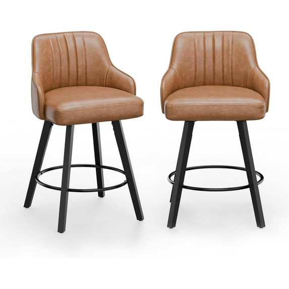 VINGLI 26" H Swivel Barstools Set of 2, PU Leather Upholstered Counter Stool with Back, Kitchen High Chairs Counter Height Bar stools with Cushion, Solid Wood Legs, Black