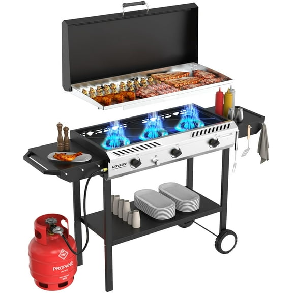 VINGLI 3 Burner Outdoor Propane Gas Stove with Griddle, Ignition & Side Shelves, 225,000 BTU Powerful Gas Stove Outdoor Cooker for Backyard Patio Cooking Home Camping Grilling Canning Turkey Frying