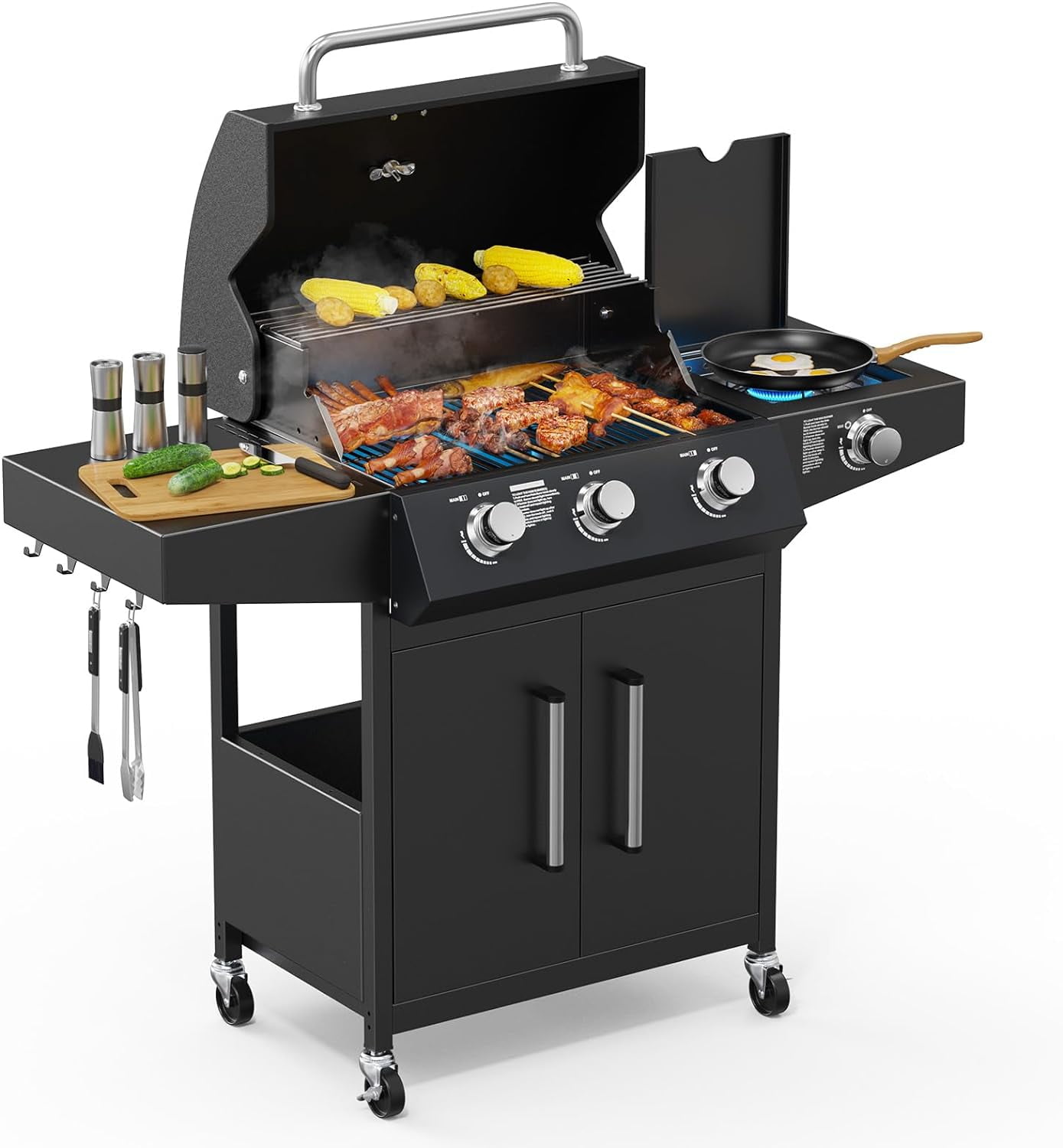VINGLI 3 Burner Propane Gas Grill with Side Burner, 46,000BTU BBQ Grills with Enameled Cast Iron Grates, Shelf & Cabinet for Outdoor Garden Patio Backyard Barbecue Cooking