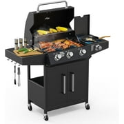VINGLI 3 Burner Propane Gas Grill with Side Burner, 46,000BTU BBQ Grills with Enameled Cast Iron Grates, Shelf & Cabinet for Outdoor Garden Patio Backyard Barbecue Cooking