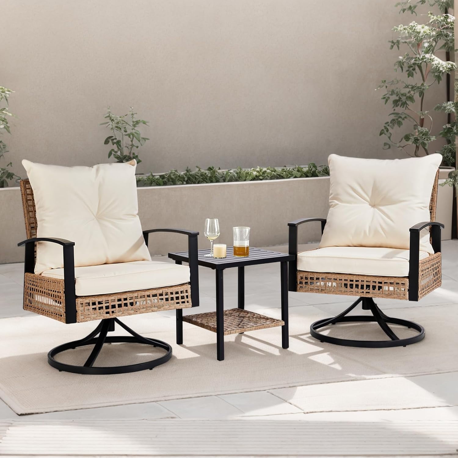 VINGLI 3 Pieces Outdoor Swivel Rocker Patio Chairs, Wicker Patio Bistro ...