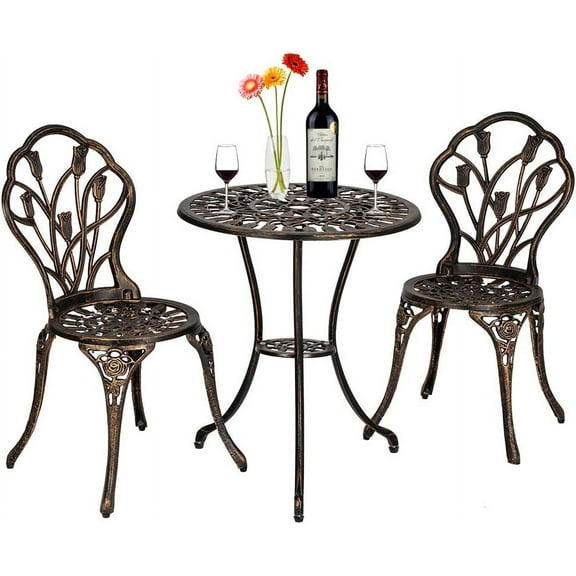 VINGLI 3 Pieces Patio Bistro Set, Rust-Resistant Cast Aluminum Outdoor Bistro Table and Chairs Set of 2, with Tulip Design and Umbrella Hole for Backyard, Garden, Balcony