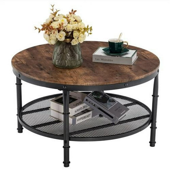 VINGLI 31.5" Round Wood Coffee Table, 2-Tier Wooden Farmhouse Circular Coffee Table with Storage, Rustic Brown