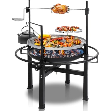 VINGLI 33" Round Metal Wood Burning Fire Pit with Dual Swivel Cooking Grates