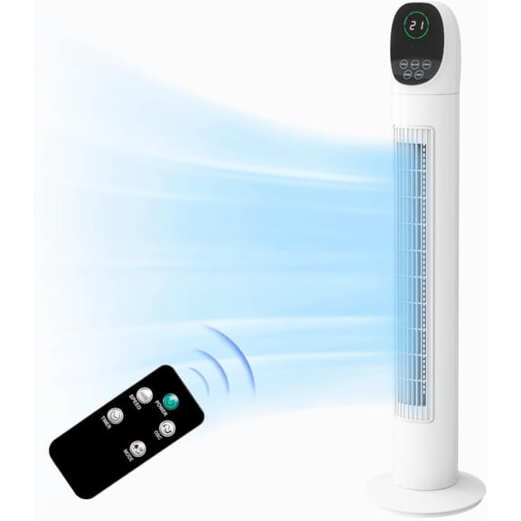 VINGLI 34" Tower Fan with Remote Control, Bladeless Floor Fan with 3 Modes 3 Speeds & Digital Display, Standing Fan with Oscillating, 9H Timer, Quiet Fan for Cooling Bedroom, Home, Office
