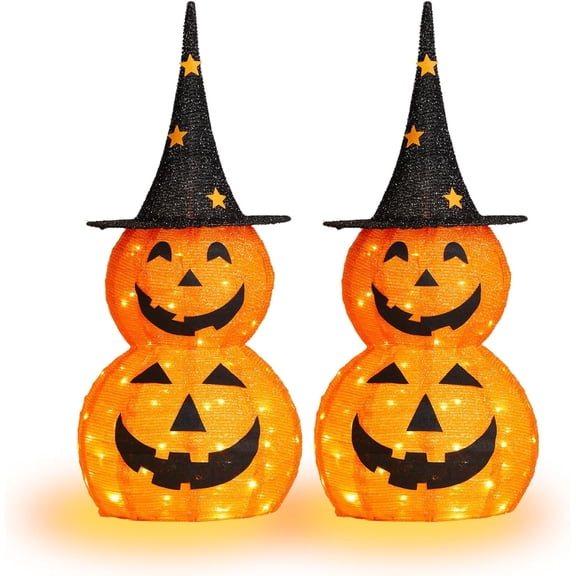 VINGLI 3FT Cute Collapsible Lighted Halloween Decorations Outdoor, 2-PCS Pop Up Halloween Pumpkin Decorations, Light Up Pumpkin with Pre-lit 150 LEDs, for Porch Yard Lawn Patio