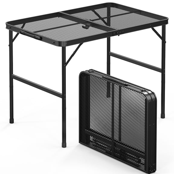 VINGLI 3ft Black Outdoor Folding Table Aluminum Frame Iron Mesh Table Top Rectangle 2 Height
