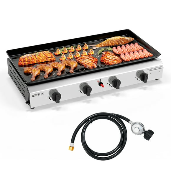 VINGLI 4 Burner Portable Propane Griddle with Electronic Ignition, 40000 BTU Tabletop Flat Top Gas Grill with Nonstick Enameled Tray & Regulator for Outdoor Cooking Camping BBQ Tailgating Picnicking