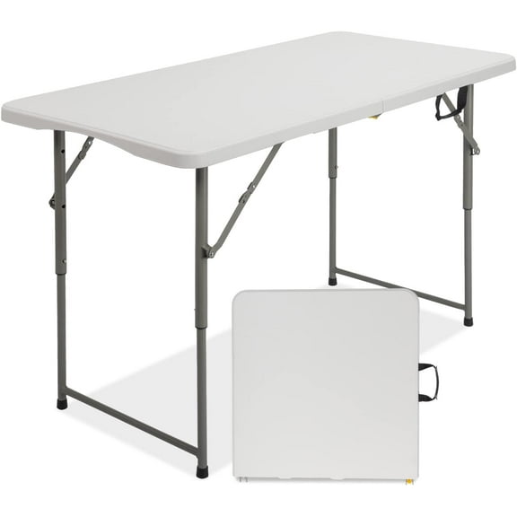 VINGLI 4 FT Plastic Folding Camping Table,3-Level Adjustable Height, Portable in/Outdoor Party Picnic Dining Desk,Off-White Garden Soccer Multipurpose Entertaining Activities