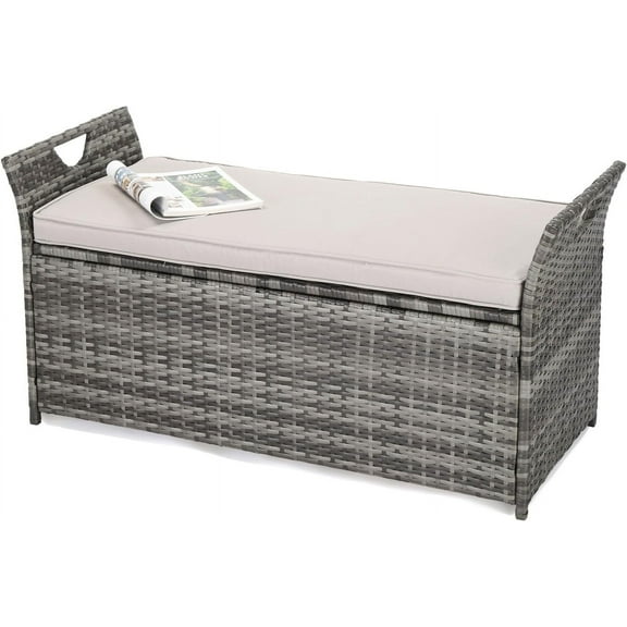 VINGLI 40 Gallon Outdoor Storage Bench with Cushion, Rattan Storage Box, Patio Wicker Deck Box with Seat for Garden | Balcony | Porch | Pool | Yard (Grey Frame + Light Grey Cushion)