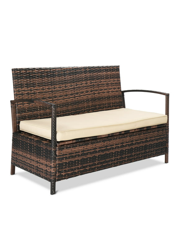 VINGLI 40 Gallon Wicker Deck Box, Rattan Outdoor Storage Box, Sofa Bench with Cushion, Brown Frame + Beige Cushion