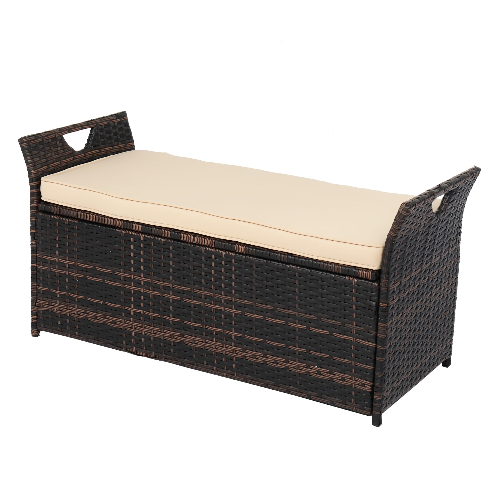VINGLI 40 Gallon Wicker Outdoor Storage Box Bench, Patio Rattan Deck Box with Cushion, Brown
