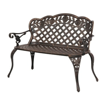 VINGLI 42.5" Patio Garden Bench Outdoor Metal Rose Loveseat,Cast Iron Cast Aluminium Frame Antique Finish Park Chair,Accented Lawn Front Porch Path Yard Bronze Decor Deck Furniture, Bronze