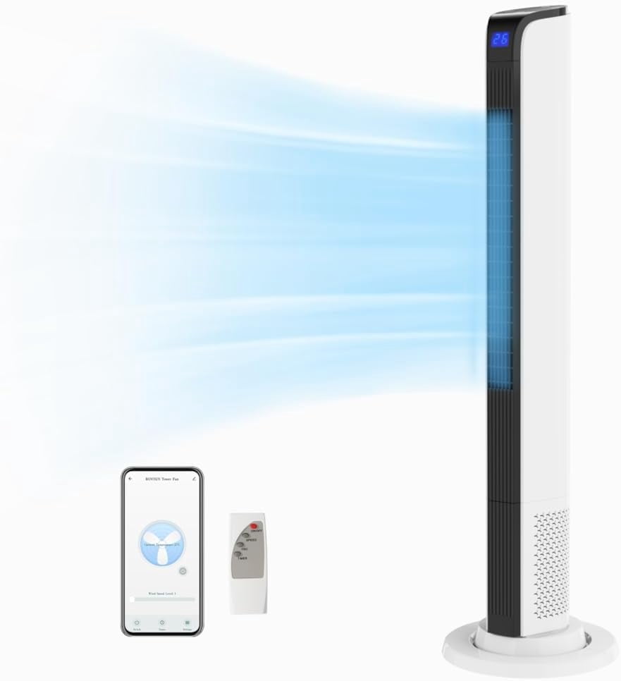 VINGLI 42" Tower Fan with APP & Remote Control, Smart Floor Fan with 3 Modes 3 Speeds & Digital Display, Bladeless Standing Fan with Oscillating, 12H Timer, Quiet Fan for Cooling Bedroom, Home, Office