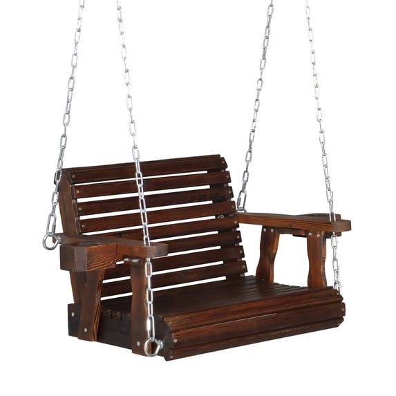 VINGLI 440 lbs Single Person Patio Porch Swing with Cup Holder & Adjustable Chains for Outdoors (Standard Pro, Rustic)