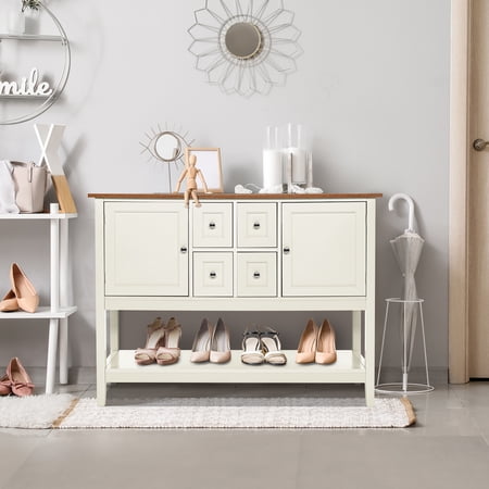 VINGLI 46'' Console Table W/ Storage Cabinet,Shelf&Drawers,Ivory