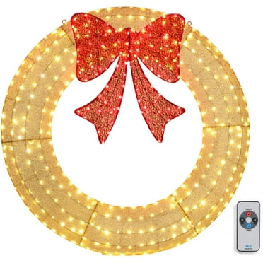 VINGLI 48 Inch Pre-lit Christmas Wreath w/ 315 LED Lights, Timer Remote Control, Plug-in, Gold