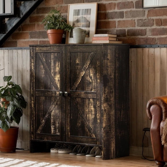 VINGLI 5-Tier Shoe Cabinet with Double Barn Doors, 36.4" Tall Dark Rustic Oak Shoe Storage Organizer for Entryway