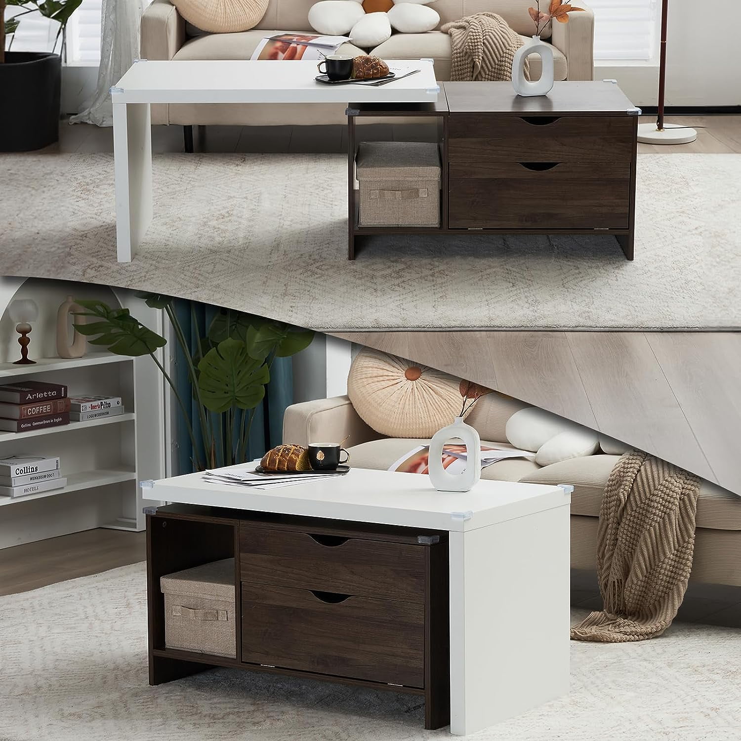 VINGLI 59" L Large Modern Wood Extendable Lift Top Coffee Table with Storage, Walnut&White ...