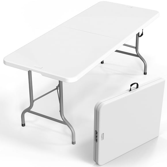 VINGLI 6 Foot Plastic Folding Table Portable Long White Table for Indoor Outdoor Use Rectangular with Carrying Handle
