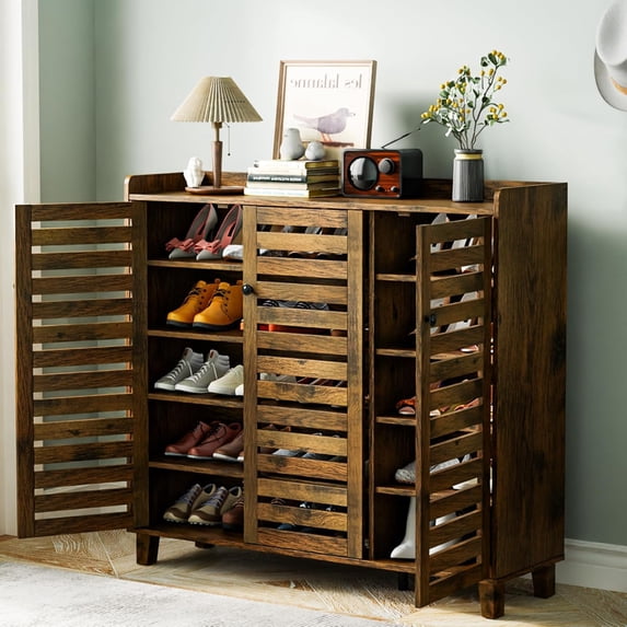 VINGLI 6-Tier Ultra Wide Shoe Cabinet - 3-Door Rustic Brown Wooden Storage Organizer for 30 Pairs, Farmhouse Entryway Shoe Rack with Adjustable Shelves