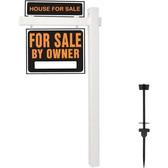 VINGLI 6' Vinyl PVC Real Estate Sign Post, Realtor Home for Sale Hanging Ads, Business Hours Advertisement Post for Yard , Open Houese Direction, 36" Arm Holds Up to 24" Sign, White