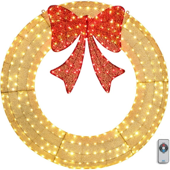 VINGLI 60 Inch Pre-lit Large Christmas Wreath, Outdoor Christmas Wreath with 400 LED Lights for Garage, Gold Christmas Wreath Decorations with Red Bow, Timer Remote Control, Plug-in, Gold
