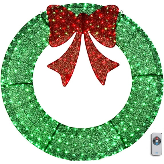 VINGLI 60 Inch Pre-lit Large Christmas Wreath, Outdoor Christmas Wreath with 400 LED Lights for Garage, Windows, Christmas Door Wreath Decorations with Red Bow, Timer Remote Control, Plug-in, Green