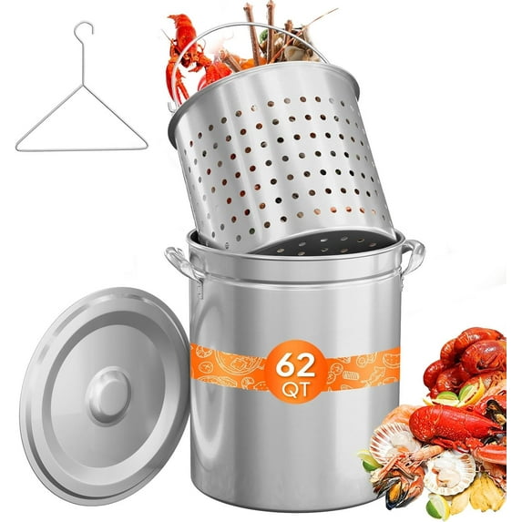 VINGLI 62QT Stainless Steel Seafood Boil Pot with Strainer Basket, Lid & Hook, Versatile Stock Pot for Crab, Lobster, Shrimp Boiling, Heavy-Duty Turkey Fryer Pot for Outdoor Cooking & Gatherings