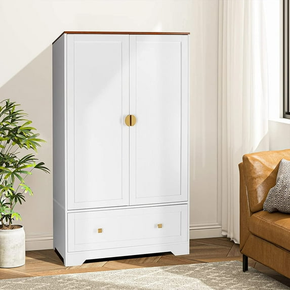 VINGLI 65"H White Wardrobe Armoire Closet with Shelves and Drawer, Freestanding Closet Wardrobe Cabinet for Hanging Clothes
