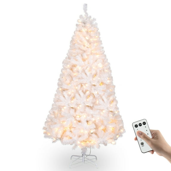 VINGLI 6ft Pre-lit White Artificial Christmas Pine Tree with 250 Warm White Lights, Xmas Tree Holiday Party Decorations with Sturdy Metal Stand, Full 1000 Tips Branch, 8 Color Modes