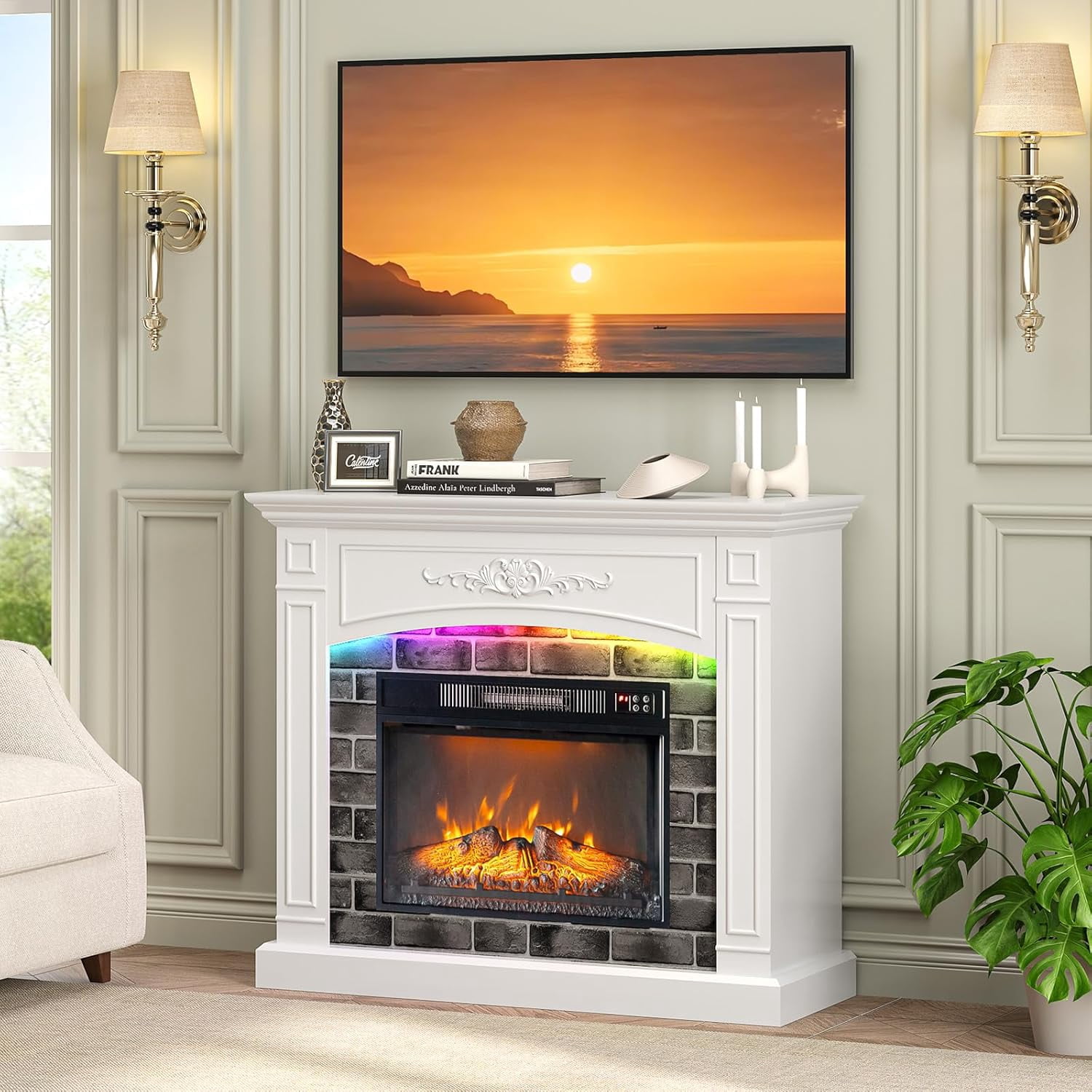 VINGLI 70'' Fireplace TV Stand for up to 80 inch TVs, Electric Fireplace with Mantel, Modern Entertainment Center with LED Light, TV Console Table with Adjustable Shelves, Living Room ＆ Bedroom