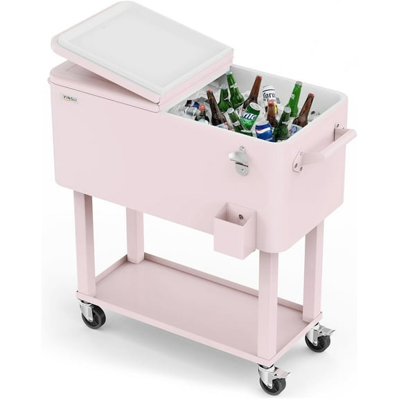 VINGLI 80 Quart Rolling Cart on Wheels, Portable Bar Drink Cooler, Beverage for Patio Pool Party, Ice Chest with Shelf,Bottle Opener,Water Pipe