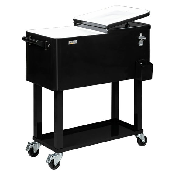 VINGLI 80 Quart Rolling Ice Chest, Steel Drink Cooler Cart for Patio Party Bar Beverage Pool with Bottle Opener, Shelf(Black)