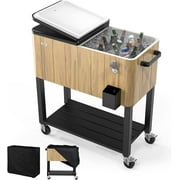 VINGLI 80 Quart Rolling Ice Chest on Wheels, Patio Cooler Cart with Waterproof Cooler Cart Cover, Beverage Rolling Cooler for Outdoor Patio Deck Party