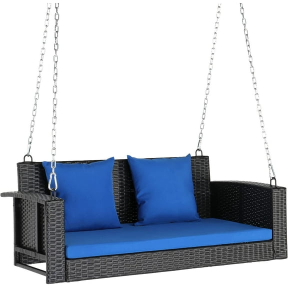 VINGLI 800 lbs Wicker Porch Swing Outdoor with Cushions & Extra Long Chains, 4FT Rattan Swing Bench, Black