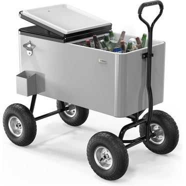 VINGLI 80qt. Wagon Rolling Cooler Ice Chest w/Long Handle and 10" Wheels, Patio Cooler, Outdoor Park Cart on Wheels