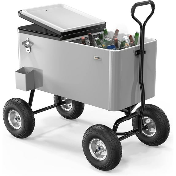 VINGLI 80qt. Wagon Rolling Cooler Ice Chest w/Long Handle and 10" Wheels, Patio Cooler, Outdoor Park Cart on Wheels