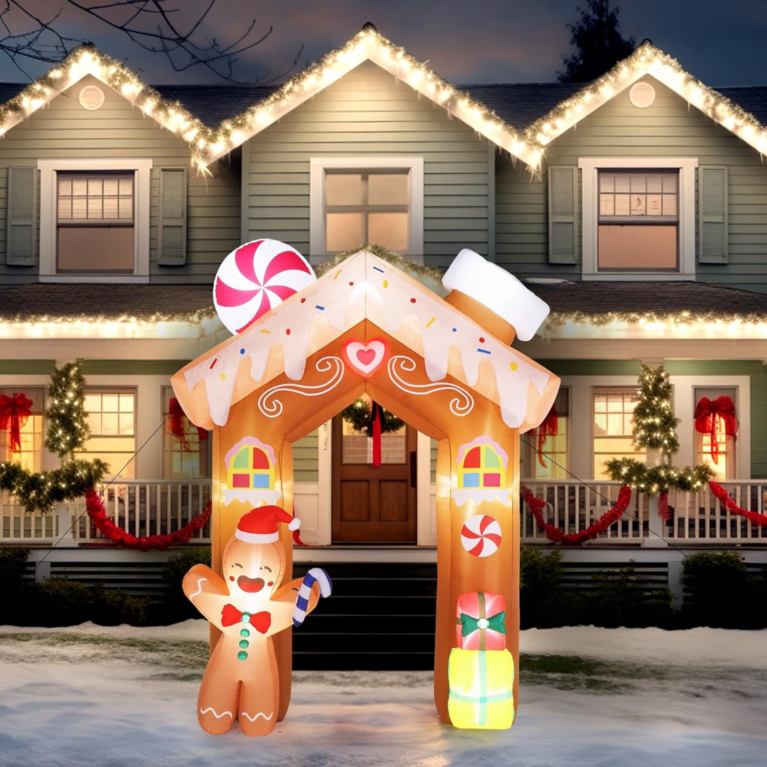 VINGLI 8ft Tall Christmas Gingerbread Archway Inflatable, Blow Up Yard Decoration with Secure Stakes Storage Bag, Electric Blower Fan for Indoor Outdoor Garden Decor