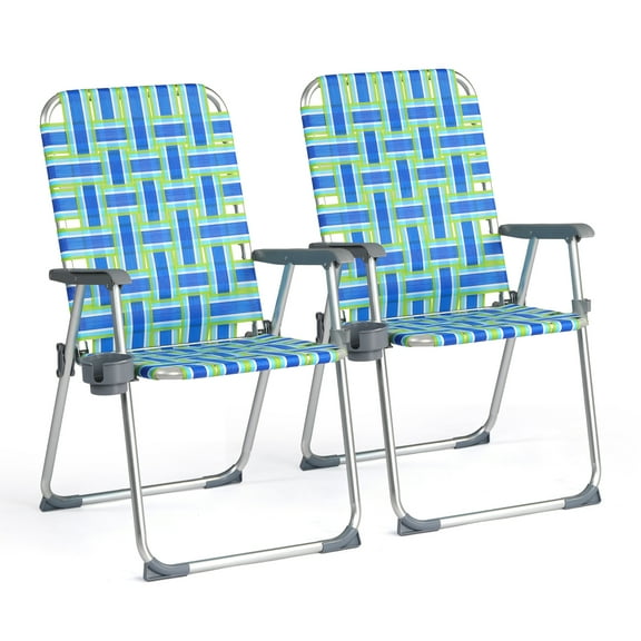 VINGLI Aluminum Patio Lawn Chairs Folding Set of 2 with Detachable Cup Holder, Webbed Beach Chair Folding Chair Outdoor Portable Camping Chair