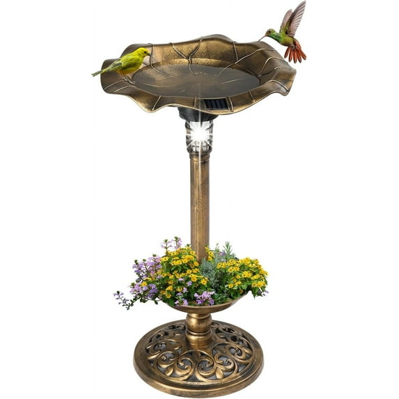 VINGLI Bird Bath with Solar Lighted Pedestal,Lotus Leaf Shaped,Vintage Decoration with Planter and Feeder, Decorative Bird Bath for Outside Garden Yard (Bronze)