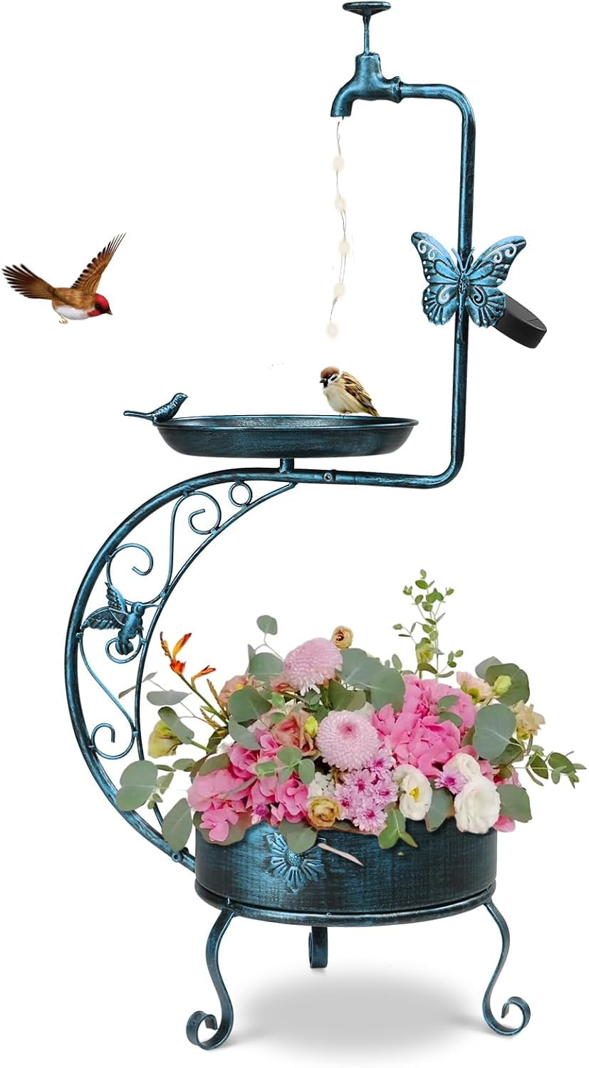 VINGLI Bird Bath for Outside,36 inch Sloar Bird Bath with LED Light and Flower Planter Pedestal for Outdoor Garden Decor, Bird Drinking or Bathing