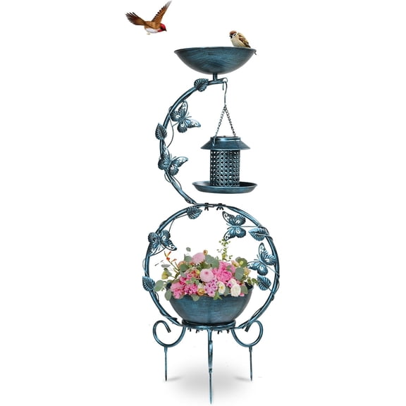 VINGLI Bird Bath with Bird Bowl, Solar Bird Bath for Outside with Flower Planter Pedestal,Bird Feeder with Solar lamp for Garden Yard Lawn Decor