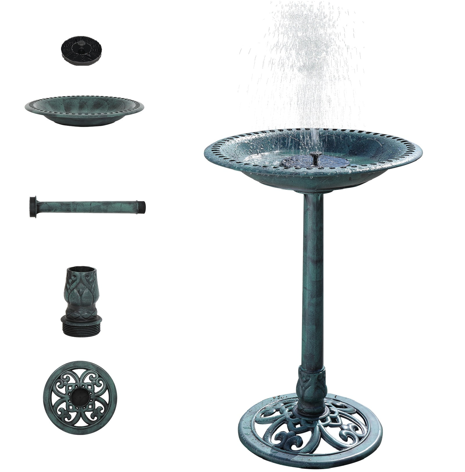 Antique Green 28" Resin Bird Bath with Solar Fountain