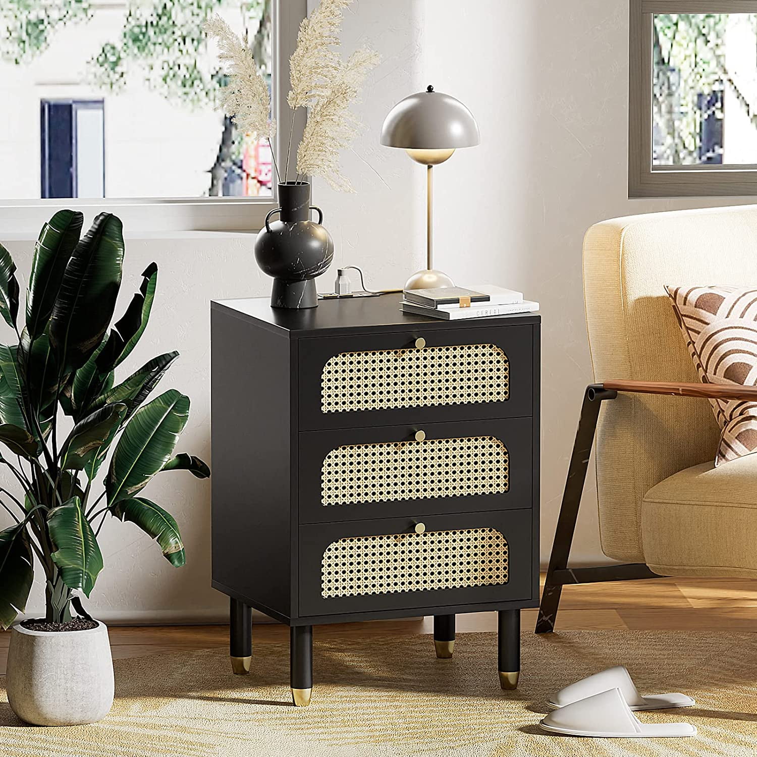 VINGLI Boho 19 Nightstand with 3 Drawers Black