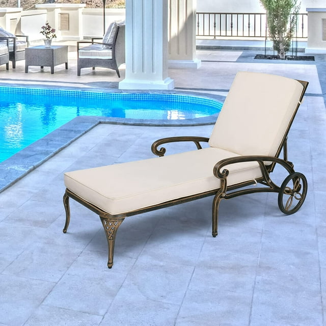 VINGLI Cast Aluminum Outdoor Chaise Lounge Chair with Wheels, Tanning Chair with 3-Position Adjustable Backrest, Patio Chaise Lounge Reclining Chair Poolside Lounge Chair(Bronze, with Cushion)